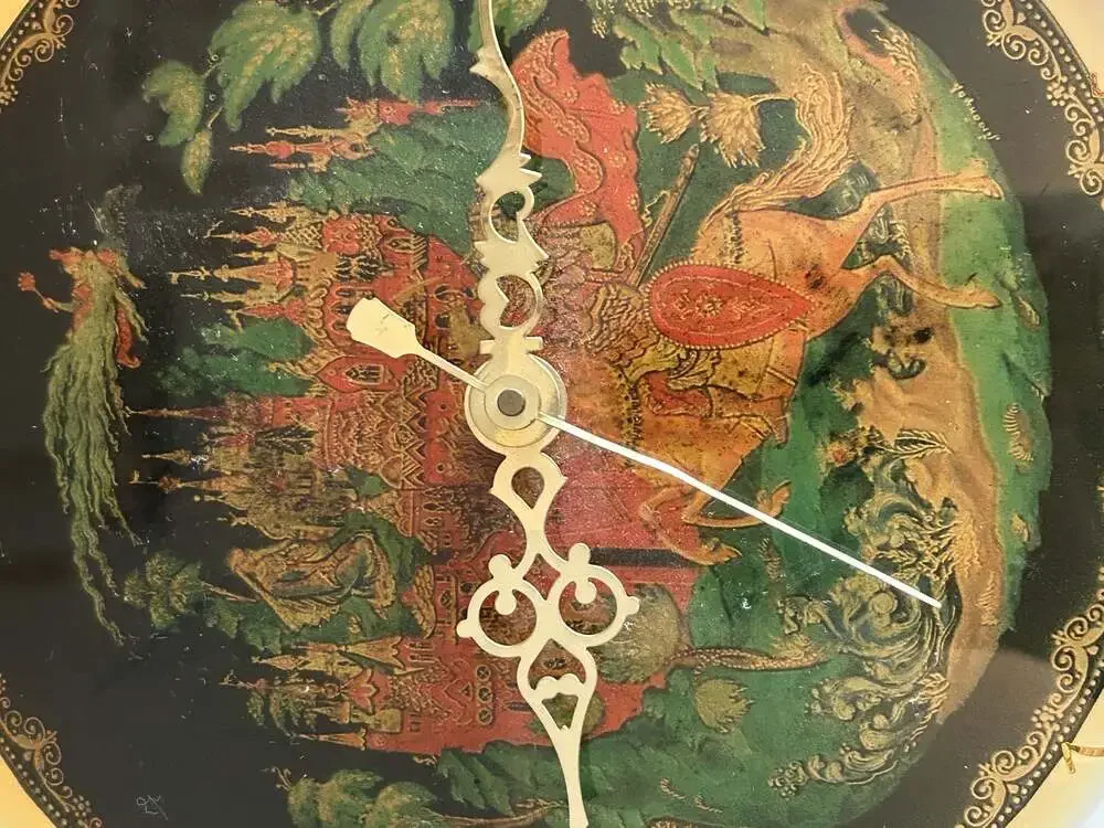 Vintage Russian Lacquer Art Wall Clock Featuring Ruslan and Ludmilla Scene